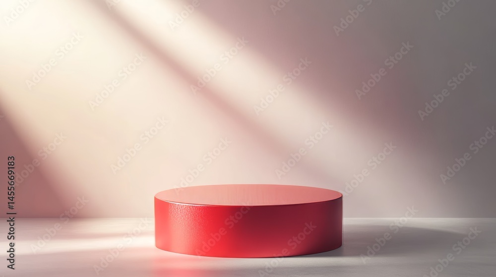 Poster circular red platform casting a shadow in a minimalistic indoor setting during daylight
