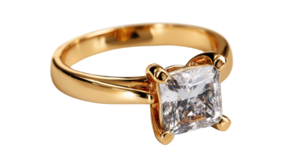 Sparkling Promise: A classic, timeless engagement ring features a dazzling, square-cut diamond set in a gleaming gold band. The clean lines and sophisticated design are perfect for any occasion.