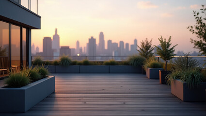 Obraz premium Modern Rooftop Terrace with City Skyline at Sunset