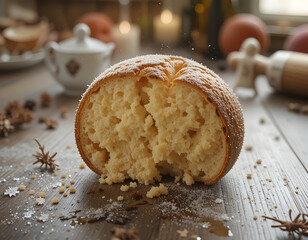 Freshly Baked Sweet Bread Cut Open on a Wooden Table