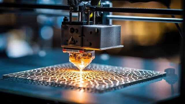 Close-up of 3D printer head extruding material onto a build plate.  The heated nozzle is depositing plastic onto the surface, creating a textured pattern