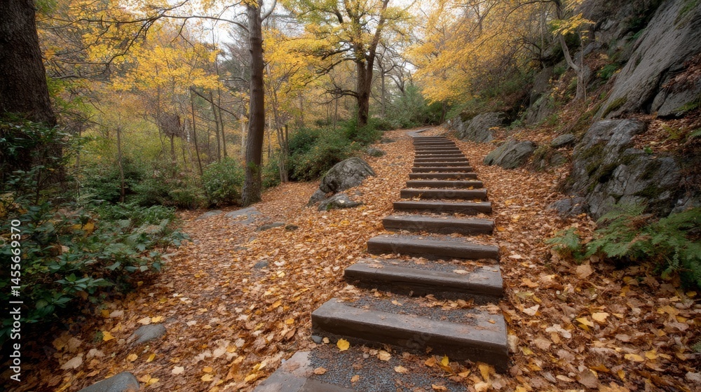 Poster worn stone steps rise through a forest, covered in fallen golden leaves. late autumn colors create a