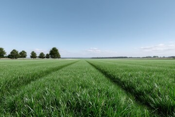 Fototapeta premium Expansive Green Field Under a Clear Blue Sky