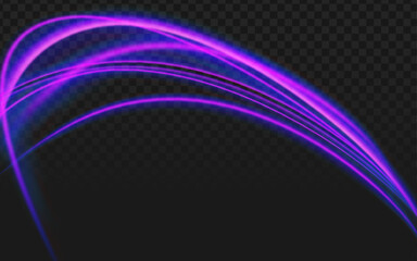 Abstract vector graphic with dynamic sweeping purple and blue light trails. Modern glowing effect overlay for digital art, technology, speed, or futuristic designs. Transparent background.