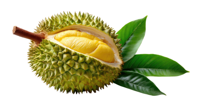 Durian Fruit with Leaves: A vibrant durian fruit, partially opened to reveal its creamy yellow flesh, rests on a bed of lush green leaves.