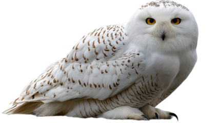 Snowy Owl: A majestic snowy owl, with its pure white plumage and piercing gaze, sits perched, captivating with an air of serenity and power.