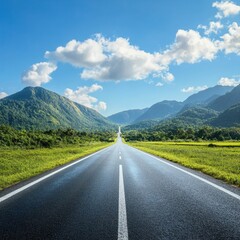 Fototapeta premium Scenic Highway Through Lush Green Mountains Under a Bright Blue Sky with White Clouds