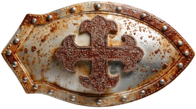 Ancient Symbol of Protection: A weathered shield, bearing a prominent cross emblem, evokes tales of valor and heritage, its aged texture whispering stories of a rich past.