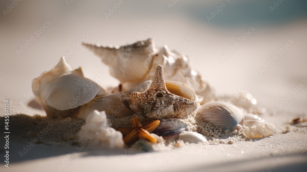 Poster A collection of seashells and a small starfish are scattered across soft sand, bathed in warm afternoon light, creating a tranquil coastal atmosphere