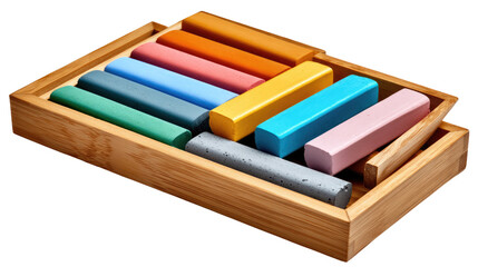 Obraz premium Vivid Hues in a Wooden Crate: A collection of vibrant art supplies, meticulously arranged in a neat wooden crate, exuding a sense of creativity and artistic expression.
