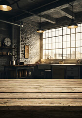 Weathered Wooden Table in Industrial Kitchen,  Perfect for Artisanal Food Display