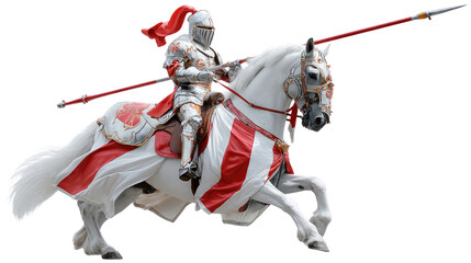 Medieval Knight on Horseback: A knight in full armor astride a powerful white stallion, spear raised, embodying the chivalry and valor of a bygone era.