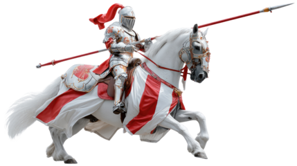 Medieval Knight on Horseback: A knight in full armor astride a powerful white stallion, spear raised, embodying the chivalry and valor of a bygone era.