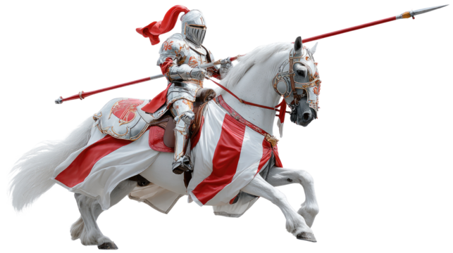 Medieval Knight on Horseback: A knight in full armor astride a powerful white stallion, spear raised, embodying the chivalry and valor of a bygone era.