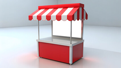 Small market stall with red and white canopy and blank signage mockup