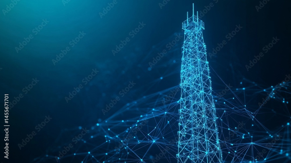 Poster advanced 5g technology visual representation with interconnected nodes and glowing lines in a digita