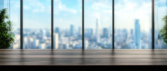 Fototapeta premium Modern Office Interior with Wood Table and City View Background for Product Placement and Presentation