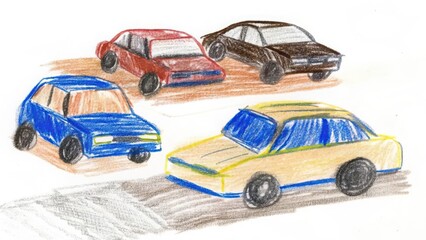Four colorful cars drawing illustration crayon art kids drawing car design
