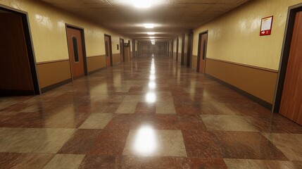 Empty school hallway.  Sunlight reflects on polished floor