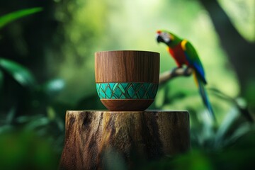 Wooden cup with turquoise inlay, nestled on a stump, surrounded by foliage.