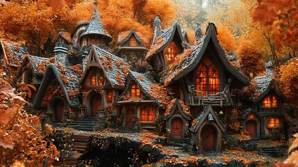 Fototapeta premium Charming Autumnal Village: A whimsical hamlet bathed in fall foliage