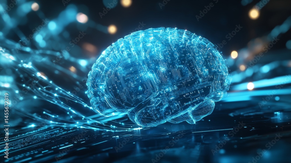 Poster representation of a digital brain illuminated in blue, depicting advanced technology and neural netw