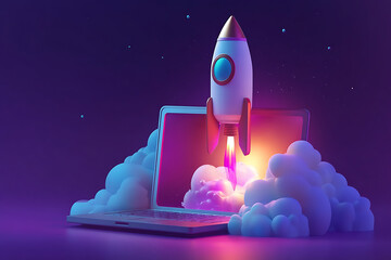 A vibrant rocket launching from an open laptop amidst colorful clouds and a starry background