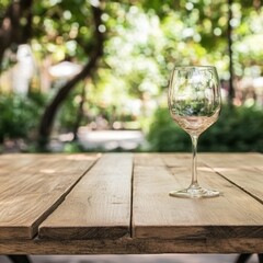 Wine glass on wooden table in outdoor setting with blurred background of trees and greenery