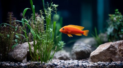A vibrant orange fish swims effortlessly among lush aquatic plants and textured rocks, creating a lively atmosphere in the aquarium environment