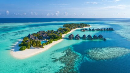 Obraz premium Beautiful Resort Along Tropical Coastline With Turquoise Waters and White Sandy Beaches in Maldives on a Sunny Day