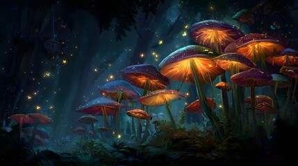 Obraz premium Enchanted Forest A Symphony of Luminous Mushrooms Illuminating the Dark Undergrowth Fantasy Wallpaper Landscape Captivating Serenity in Nature's Embrace A Tranquil Escape