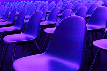 Rows of vibrant purple chairs fill a large hall, ready for an event.  A sea of seats in a modern space