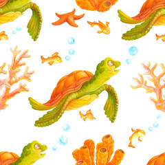 Obraz premium Seamless fragment of underwater world pattern with hand drawn sea turtle, fish, corals, starfish and bubbles. Endless summer ornament for bedding, fabric, wallpaper, wrapping paper, textile or prints