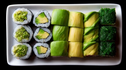 Assorted maki rolls featuring avocado and seaweed flakes are artfully arranged on a square white plate, with ample copy space for text on the right side