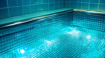 Pool interior, vibrant blue tiles, water