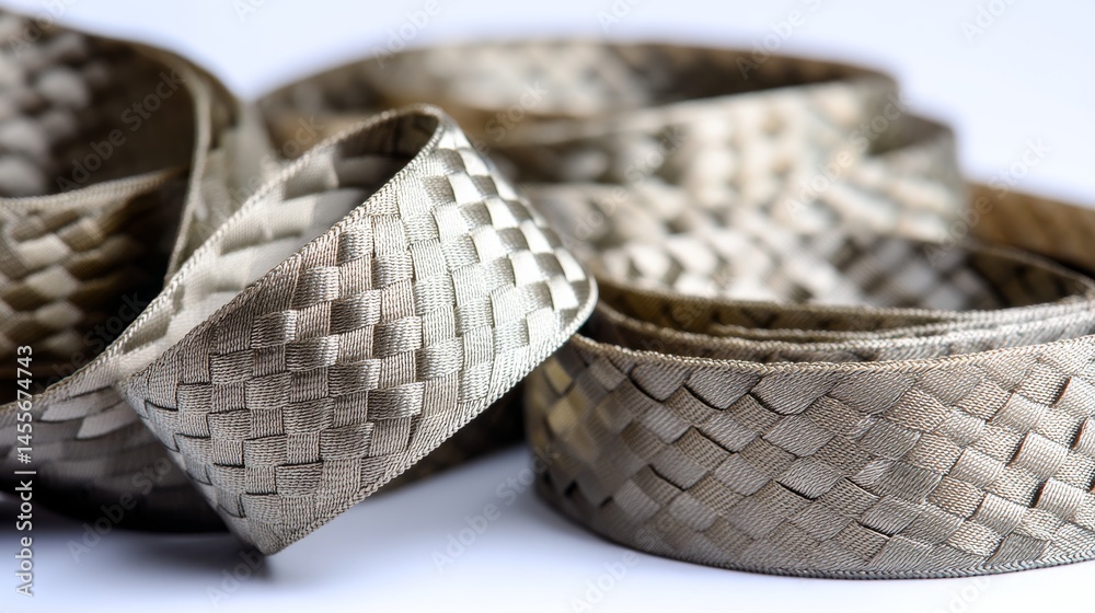 Poster A coiled olive nylon strap features intricate woven texture, isolated on seamless white background. The composition offers room for additional text or graphics