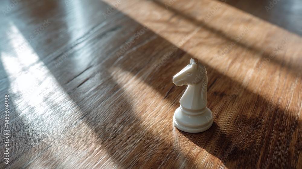 Aufkleber a close-up of a white knight chess piece on a textured wooden board, featuring deep shadows and nega