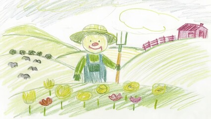 Fototapeta premium Childrens drawing of a farmer in a field with flowers and farm house art