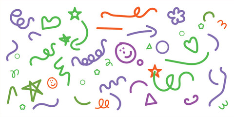 Hand Drawn Colorful Doodle Elements Vector Set - Swirls, Stars, Hearts, and Faces