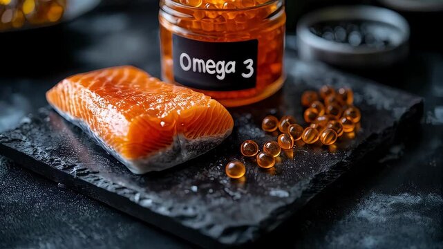 Delicious salmon fillet served with vibrant omega-3 fish roe in a rustic kitchen setting during evening light