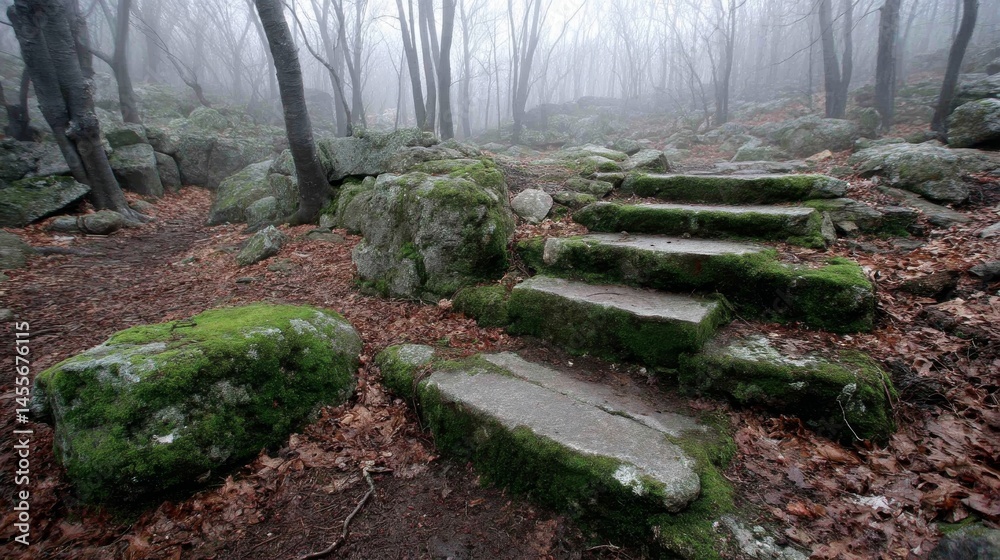 Poster moss-covered stairs cut through a foggy forest filled with bare trees and scattered fallen leaves cr