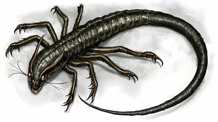 Alien creature, dark grey, segmented body, multiple legs, curled tail, light grey background; fantasy art, game design