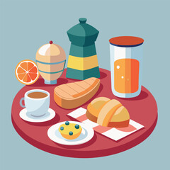 Breakfast food table, many dishes and drinks