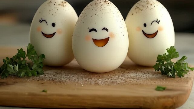 Happy eggs smiling together with playful faces on a kitchen counter