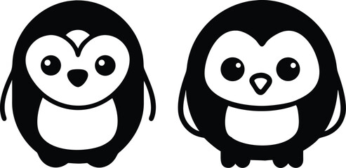 Cute Cartoon Penguin Clipart Trio – Black and White Vector Illustration