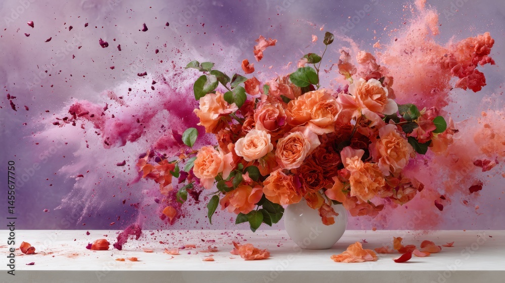Poster frontal close-up of a vivid red-orange flower bouquet blending beautifully into a textured canvas ba