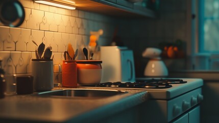 Cozy kitchen interior with warm lighting at dusk