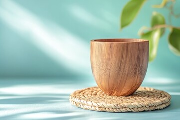 Empty wooden bowl on a light teal surface with natural light.