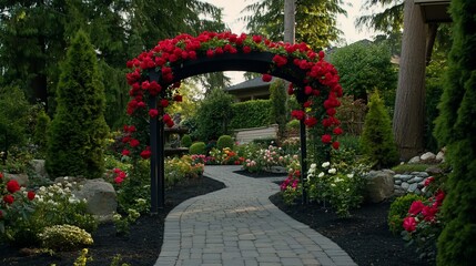 A vibrant garden pathway adorned with a stunning rose arch. Lush greenery, colorful flowers, and carefully crafted landscaping create a picturesque scene