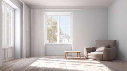 Obraz premium Bright living space with minimalist furniture and natural light / Serene simplicity in modern home design 